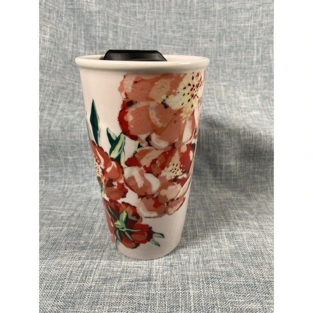 Starbucks 2015 Ceramic Travel Mug Tumbler Floral Poppy 10 oz. Black Plastic Lid